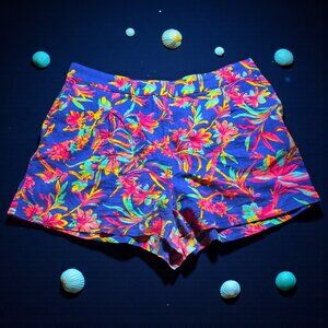 J.Crew Size 16 High-Rise Tropical Floral Shorts Blue Pink Linen Blend Summer